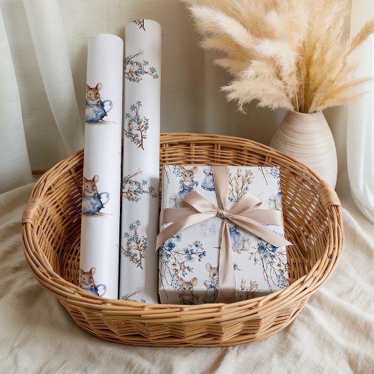 Feuille De Papier Cadeau Pastel Blue Floral Tea Mice