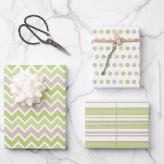 FEUILLE DE PAPIER CADEAU PASTEL GREEN & TAN STRIPES POIS ZIG ZAG