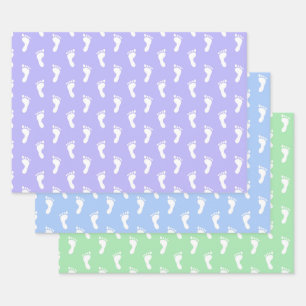 FEUILLE DE PAPIER CADEAU PASTEL LAVENDER BLEU GREEN ROWS DE PIEDS DE BÉBÉ