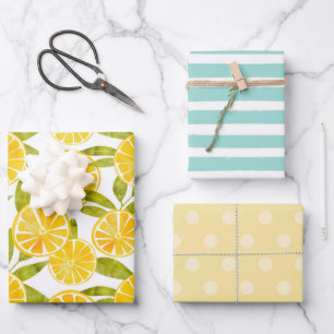 Feuille De Papier Cadeau Pastel Lemon Fun Stripes Points Fruit Été