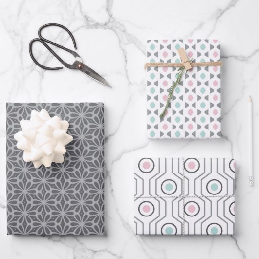 Feuille De Papier Cadeau Pastel Pattern of Gray, Pink, Mint Retro Shapes (Recto)