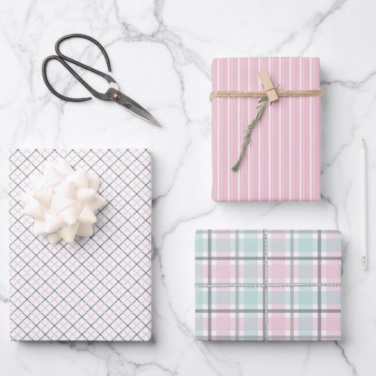 Feuille De Papier Cadeau Pastel Pattern of Pink, Mint, Gray Plaid & Stripes (Recto)