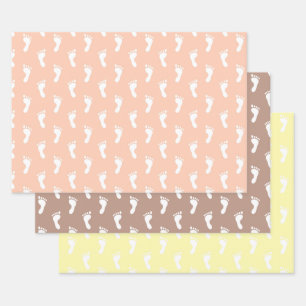 FEUILLE DE PAPIER CADEAU PASTEL PEACH JAUNE BROWN LIGNES DE PIEDS DE BÉBÉ