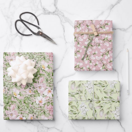 Feuille De Papier Cadeau Pastel Pink Green Floral (Recto)