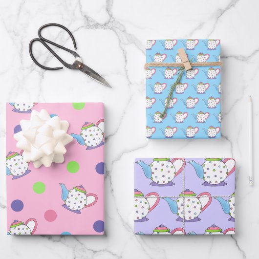 Feuille De Papier Cadeau Pastel Polka Dot Teapot Après-Midi Tea Party Pot (Recto)