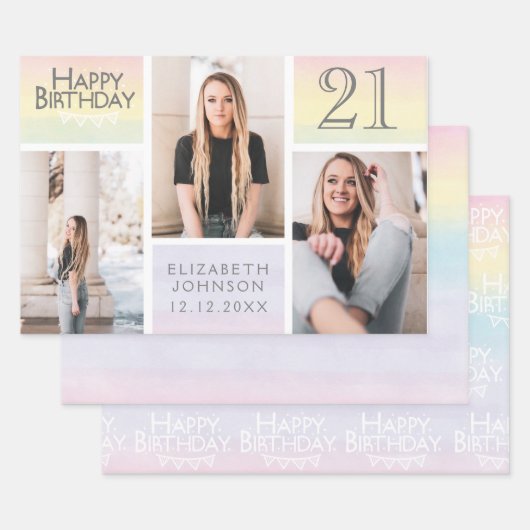Feuille De Papier Cadeau Pastel Rainbow Photo Collage 21e anniversaire (Lot)