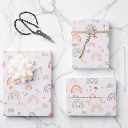 Feuille De Papier Cadeau Pastel Rainbows Girly Fleurs sauvages & Coeurs (Recto)