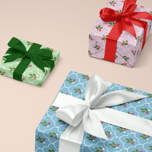Feuille De Papier Cadeau Pastel Scallop Tile Holly Branche Berry Noël