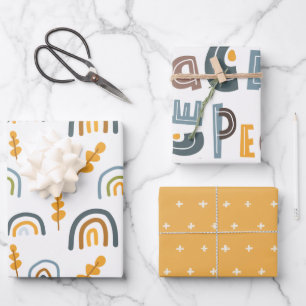 Feuille De Papier Cadeau Pastel Scandi Arbre Arc-en-ciel Texte Paix Noël