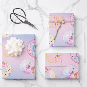 Feuille De Papier Cadeau Pastel Unicorn coloré mignon Donuts arc-en-ciel