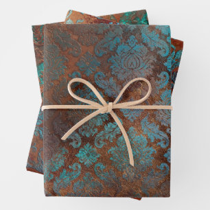 Feuille De Papier Cadeau Patina de cuivre dépoli Damas