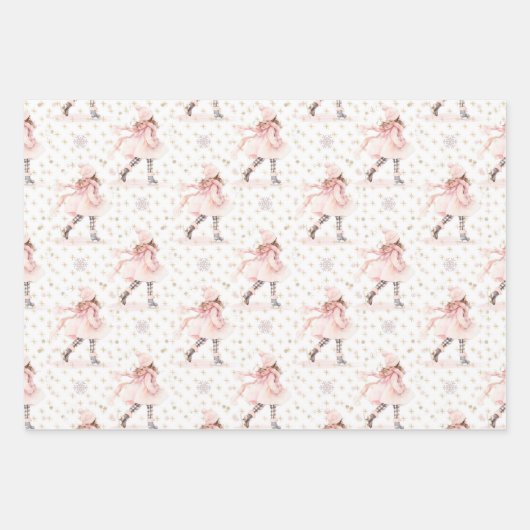 Feuille De Papier Cadeau Patineuse de Noël rose (Devant)