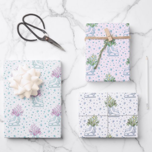 Feuille De Papier Cadeau Patins à glace et flocons de neige Noël (Recto)