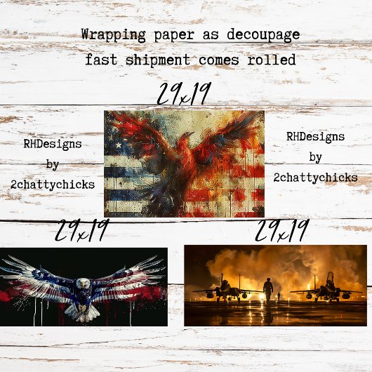 Feuille De Papier Cadeau Patriotic Wrapping Paper for Decoupage 3 Sheets 