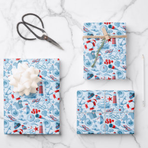 Feuille De Papier Cadeau Patteries bleues rouges nautical