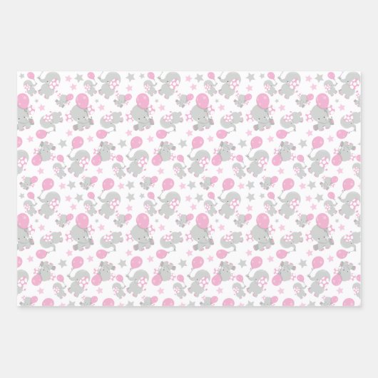 Feuille De Papier Cadeau Pattern of Elephants, Cute Elephants - Pink Gray (Devant)