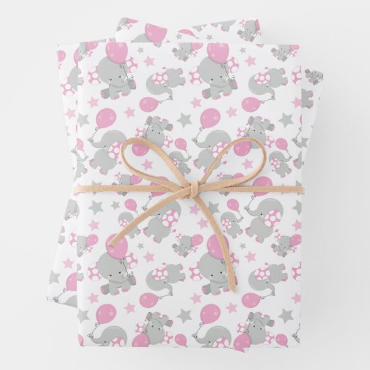 Feuille De Papier Cadeau Pattern of Elephants, Cute Elephants - Pink Gray (En situation)