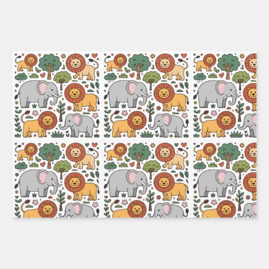 Feuille De Papier Cadeau Patterned design featuring elephants, lions. (Devant 2)