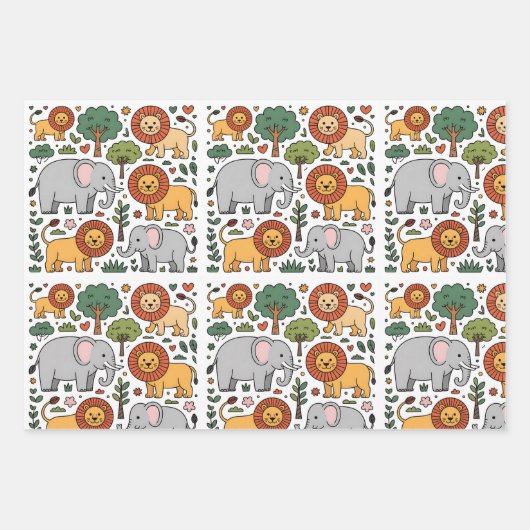 Feuille De Papier Cadeau Patterned design featuring elephants, lions. (Devant)
