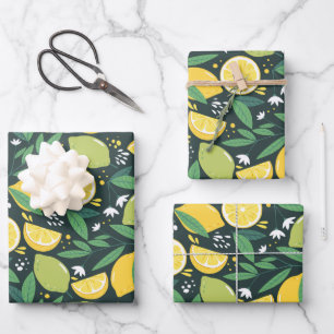 Feuille De Papier Cadeau Patters de Yellow Lemon and Green Lime Fruit Food