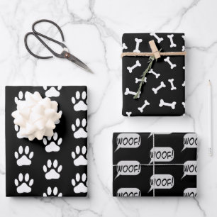 Feuille De Papier Cadeau Pattes de chien Os Amoureux des chiens Noir et bla
