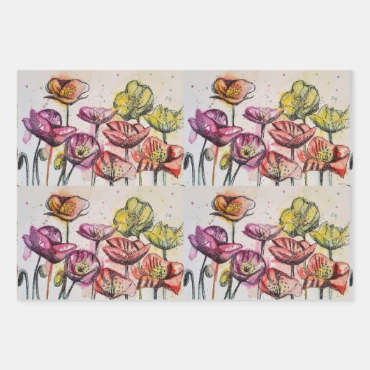 Feuille De Papier Cadeau Pavot rouge rose Fleur Poppies florales Aquarelle (Devant 3)