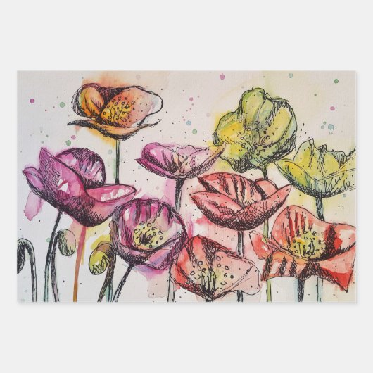 Feuille De Papier Cadeau Pavot rouge rose Fleur Poppies florales Aquarelle (Devant)