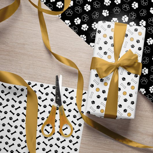 Feuille De Papier Cadeau Paws Bones Balls Black White Chien Motifs