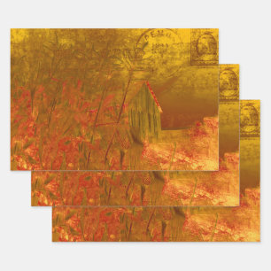 Feuille De Papier Cadeau Pays Russe Grange Automne Orange Jaune Vintage