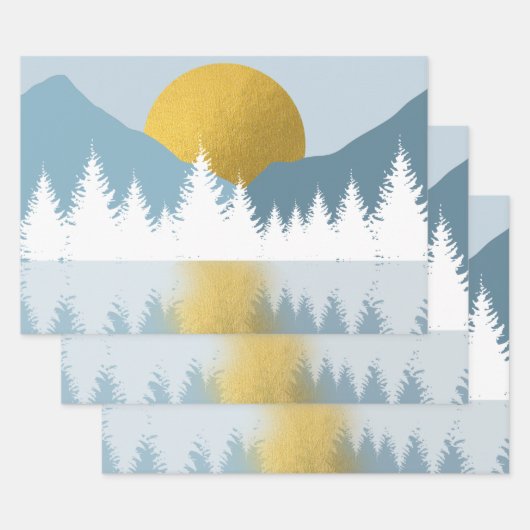 Feuille De Papier Cadeau Paysage Abstrait Soleil d'hiver d'or (Lot)