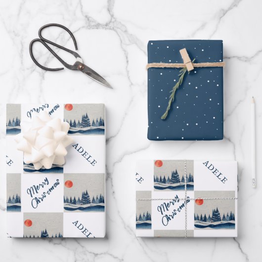 Feuille De Papier Cadeau Paysage d'hiver Forêt de neige Noël Lune (Recto)