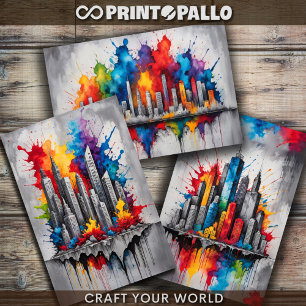 Feuille De Papier Cadeau Paysage urbain coloré avec éclaboussures d'aquarel