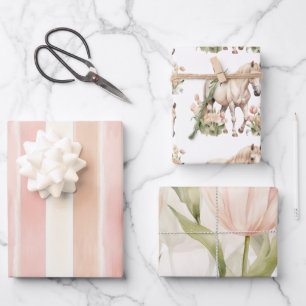 Feuille De Papier Cadeau Peach Pink Cream Tulips Stripes Horse Floral