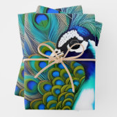 Feuille De Papier Cadeau Peacock blanc bleu et vert Piebald (En situation)