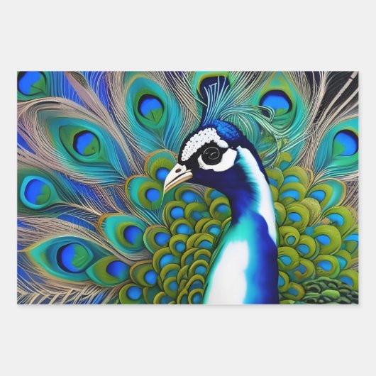 Feuille De Papier Cadeau Peacock blanc bleu et vert Piebald (Devant)