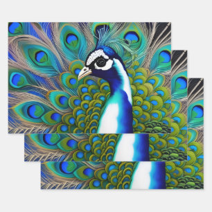 Feuille De Papier Cadeau Peacock blanc bleu et vert Piebald