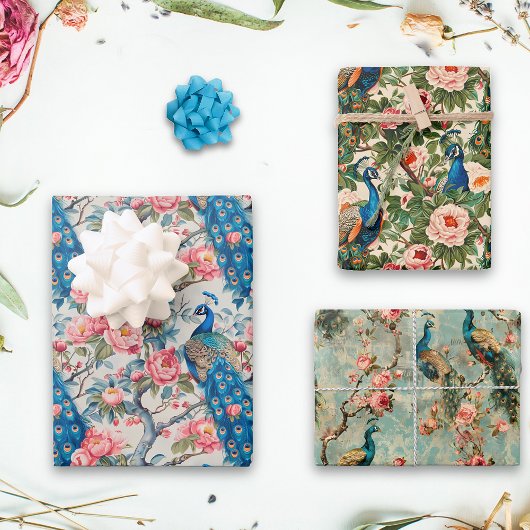 Feuille De Papier Cadeau Peacocks et fleurs