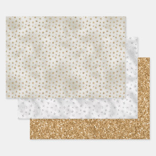 Feuille De Papier Cadeau Pearl White Parties scintillant or Étoiles étincel