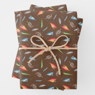 Feuille De Papier Cadeau Pêche leurres sur Brown foncé
