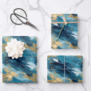 Feuille De Papier Cadeau Peinture Abstraite Bleue, Blanche et Dorée