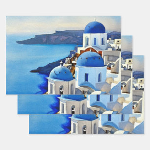 Feuille De Papier Cadeau Peinture aquarelle de Santorin Grèce