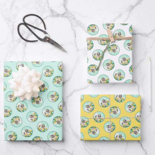 Feuille De Papier Cadeau Peinture Keeshond dans les tulipes mignonne art or (Recto)