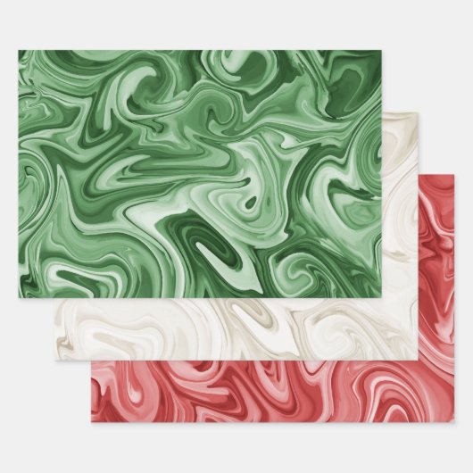 Feuille De Papier Cadeau Peinture marbrée Couleurs de Noël Rouge Vert Champ (Lot)