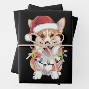 Feuille De Papier Cadeau Pembroke Welsh Corgi Père Noël Lumières de sapin d