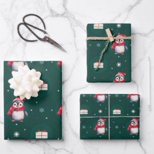 Feuille De Papier Cadeau Penguin Père Noël Green Joyeux Joyeux motif de Noë