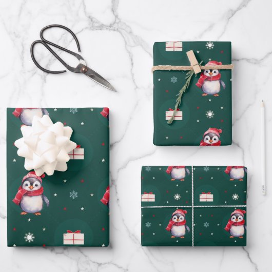 Feuille De Papier Cadeau Penguin Père Noël Green Joyeux Joyeux motif de Noë (Recto)