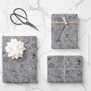 Feuille De Papier Cadeau Pépites gris bleu jaune Aquarelle couleur florale