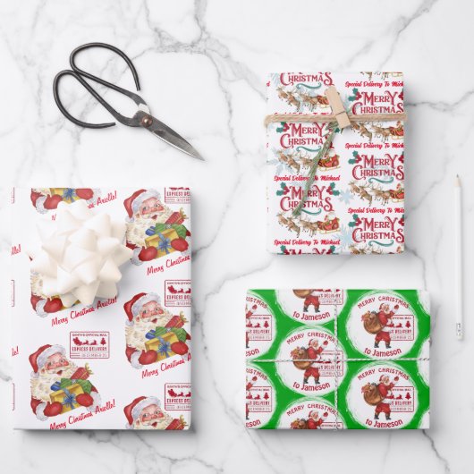 Feuille De Papier Cadeau Père Noël avec cadeaux livraison spéciale nom pers (Recto)