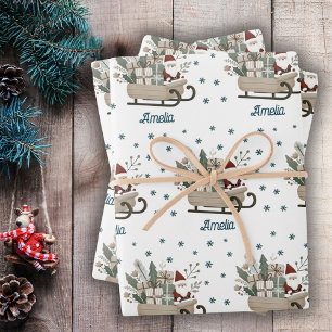 Feuille De Papier Cadeau Père Noël bohème sur traîneau avec flocons de neig