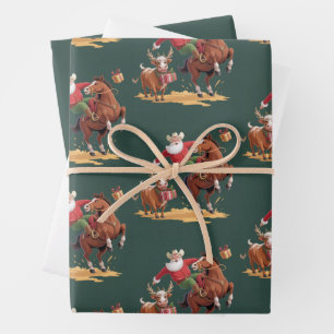 Feuille De Papier Cadeau Père Noël Cowboy Occidental Rodeo de Noël Cheval e